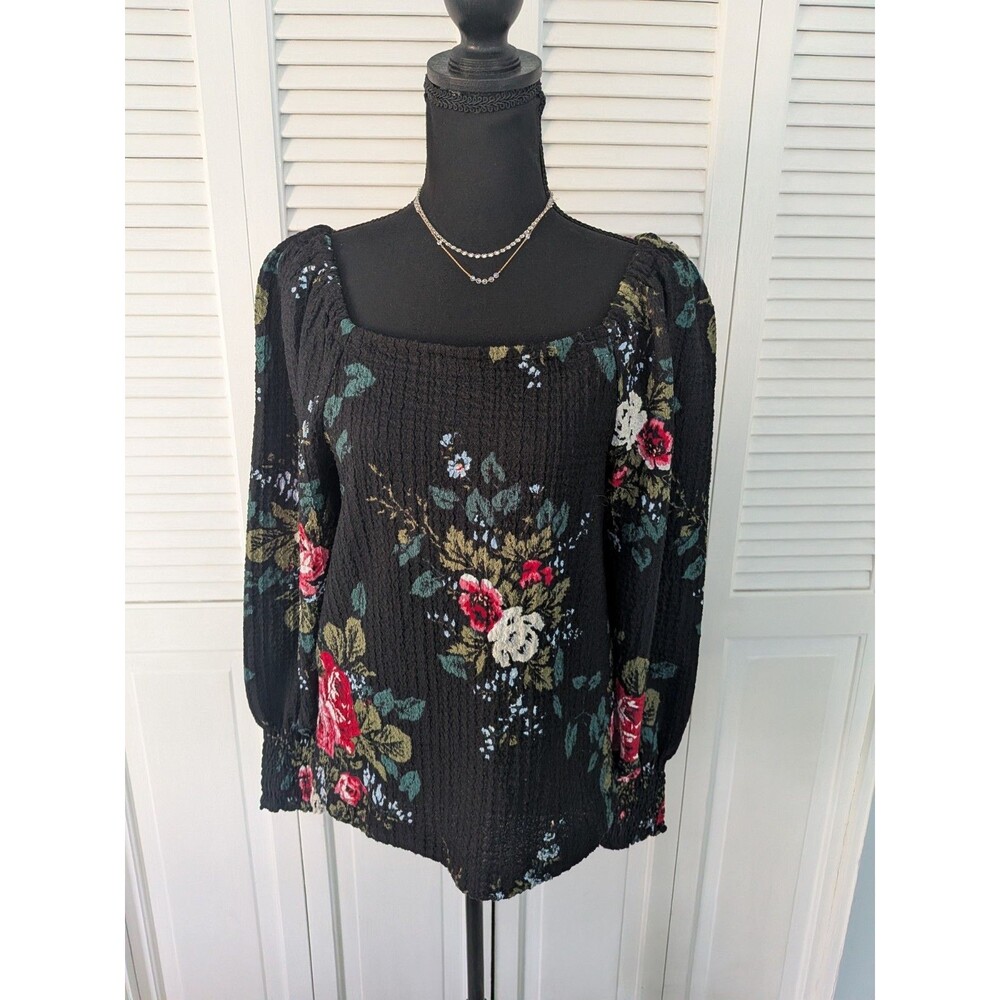 LOFT Top Women's M Multi Floral Blouse Peasant Whimsigoth Smocked Boho Puff Slv